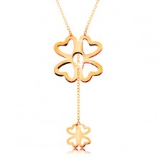 Necklace made of yellow 585 gold - bigger and smaller four-leaf clover, shiny chain