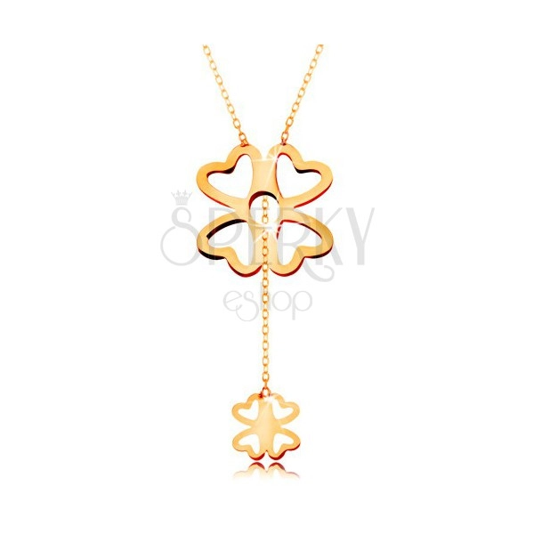 Necklace made of yellow 585 gold - bigger and smaller four-leaf clover, shiny chain