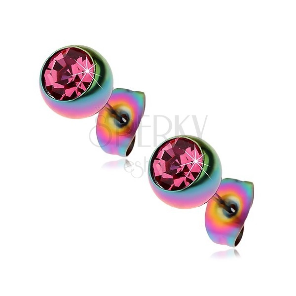 Steel earrings, rainbow balls with pink zircon, 7 mm