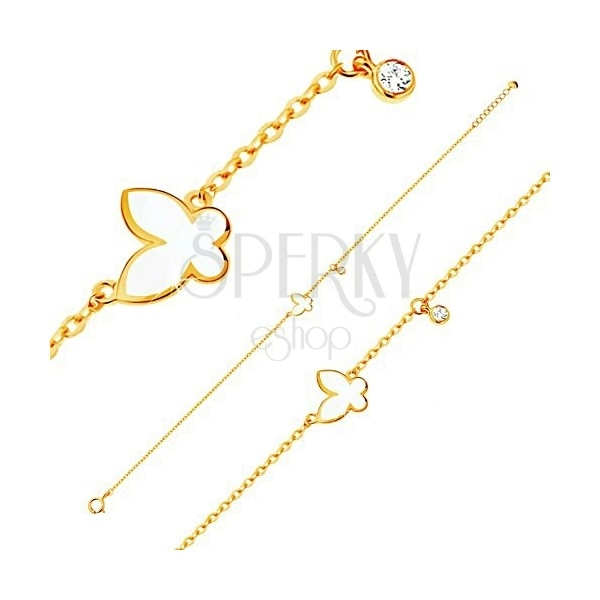 Bracelet made of yellow 585 gold - glazed white butterfly and round zircon in clear colour
