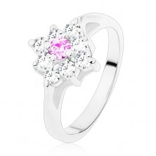 Glistening ring with narrowed shoulders, clear square with coloured centre