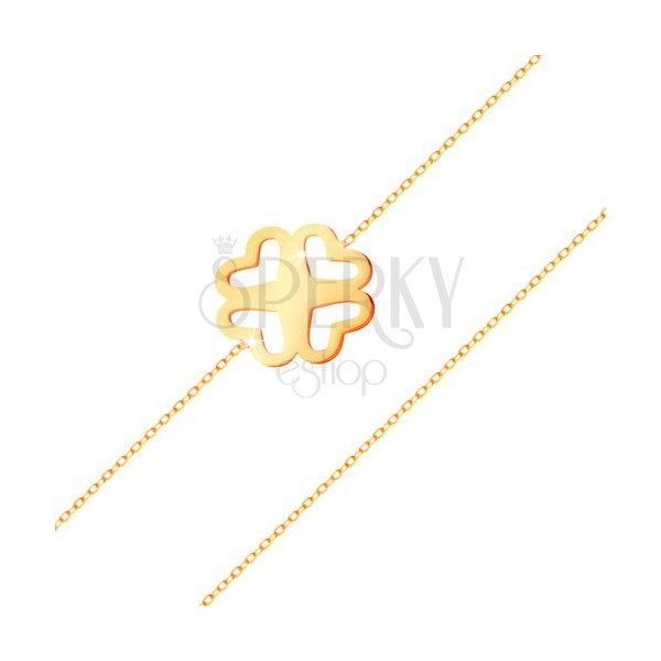 Bracelet made of yellow 585 gold - narrow chain, cut-out four-leaf clover