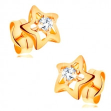 14K gold earrings - glossy stars with clear zircon in the middle