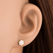 Earrings made of yellow 585 gold, pink-white glazed flower, studs