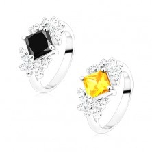 Ring in silver hue, coloured zircon square, clear butterflies