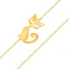 585 gold bracelet - fine glossy chain, flat pendant - cat
