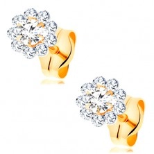 Earrings made of yellow 14K gold - sparkly flower made of round clear zircons