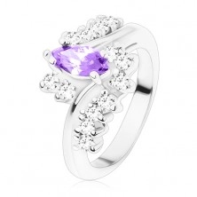 Ring in silver hue, dark violet cut grain, zircon clear lines