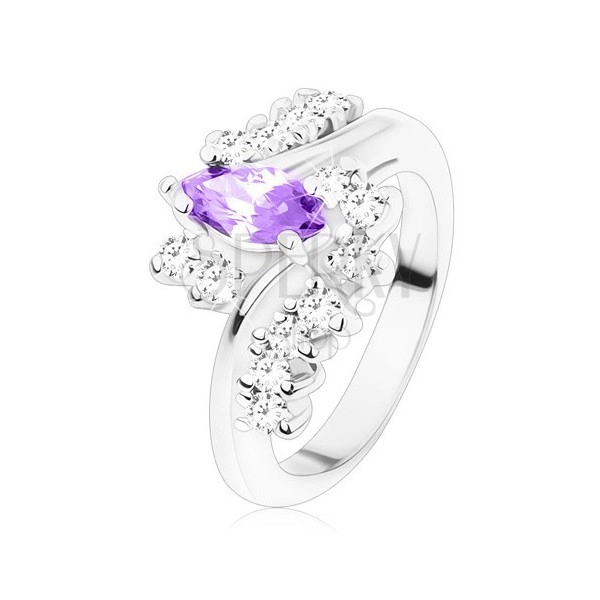 Ring in silver hue, dark violet cut grain, zircon clear lines