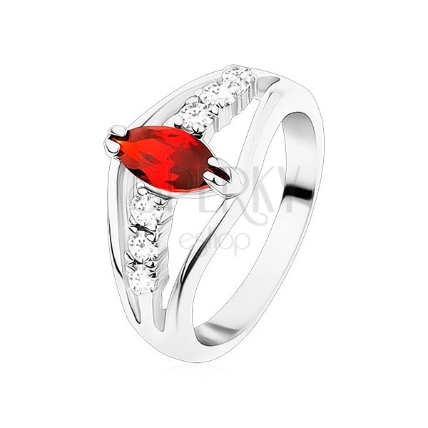 Glossy ring in silver hue, clear zircon lines, red grain