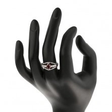 Glossy ring in silver hue, clear zircon lines, red grain