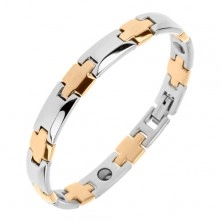Bicoloured steel bracelet, shiny bevelled edges, magnetic balls