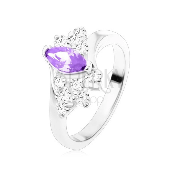 Ring in silver colour, diagonal lines of clear zircons, violet cut grain