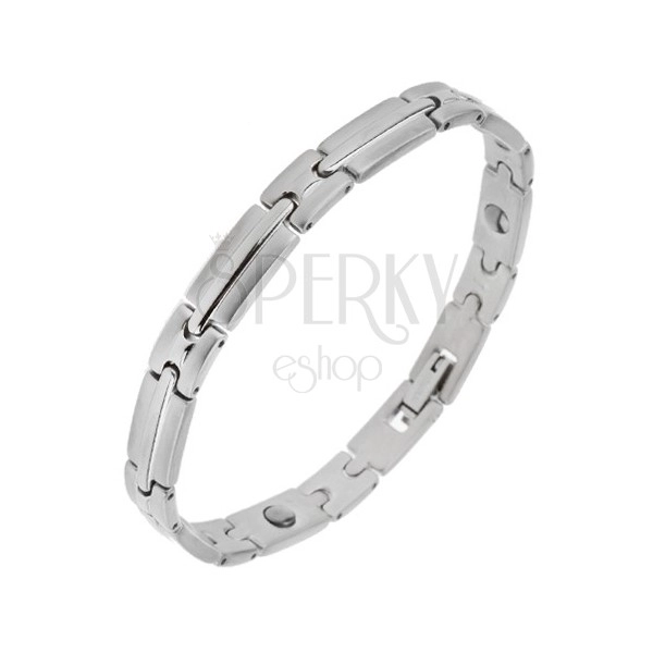 Magnetic steel bracelet in silver colour, shiny-matt links with strip in the middle