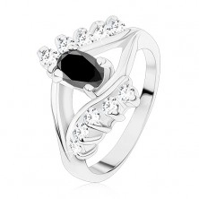 Shiny ring in silver colour, smooth and zircon line, black oval