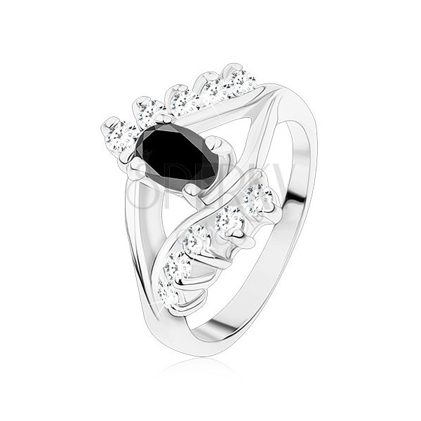 Shiny ring in silver colour, smooth and zircon line, black oval