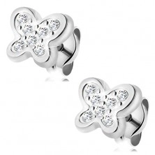 14K gold earrings - white gold, glossy butterfly adorned with tiny clear zircons
