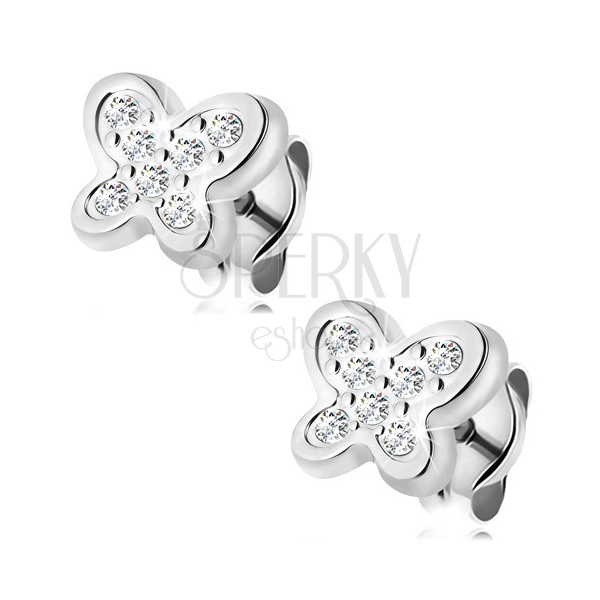 14K gold earrings - white gold, glossy butterfly adorned with tiny clear zircons