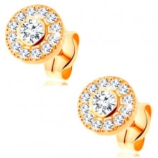 Earrings made of yellow 14K gold - sparkly circle composed of clear zircons, studs