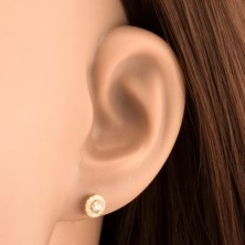 Earrings made of yellow 14K gold - sparkly circle composed of clear zircons, studs