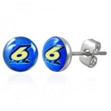 Round steel earrings – figure six on a blue background, clear glaze, studs
