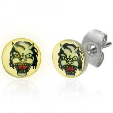 Steel earrings – devil´s face with horns, light background, clear glaze, studs