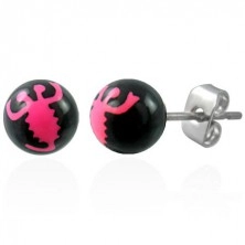 Black steel ball earrings  - pink scorpion
