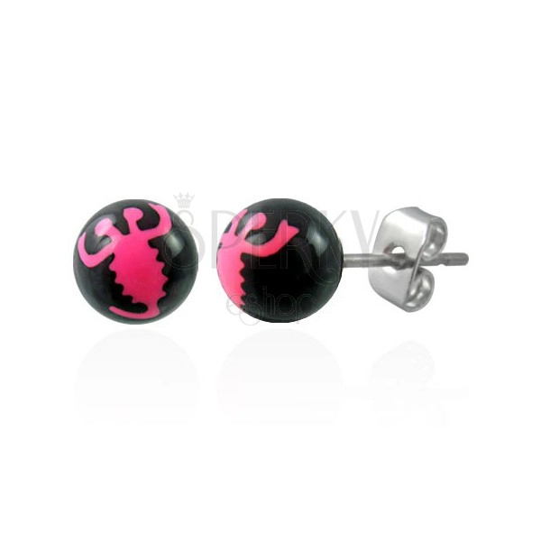 Black steel ball earrings  - pink scorpion