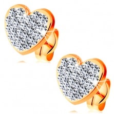 Earrings made of yellow 14K gold - clear glistening heart decorated with Swarovski crystals