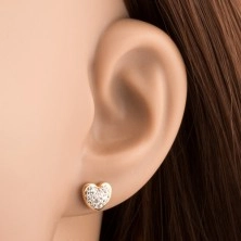 Earrings made of yellow 14K gold - clear glistening heart decorated with Swarovski crystals