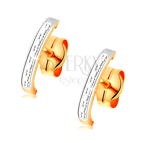 Bicoloured 585 gold earrings - slightly engraved arc embellished with white gold