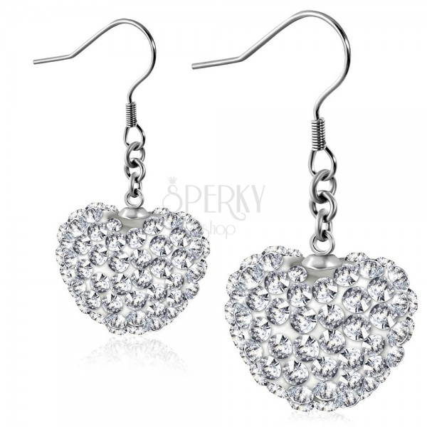 Steel earrings, glistening heart adorned with clear zircons, hooks