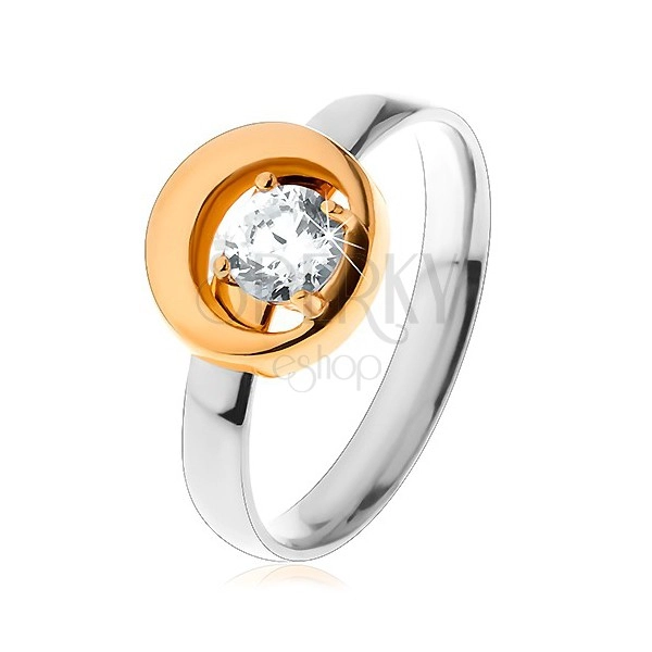 Ring made of 316L steel, round clear zircon in circle with cut-out, bicoloured