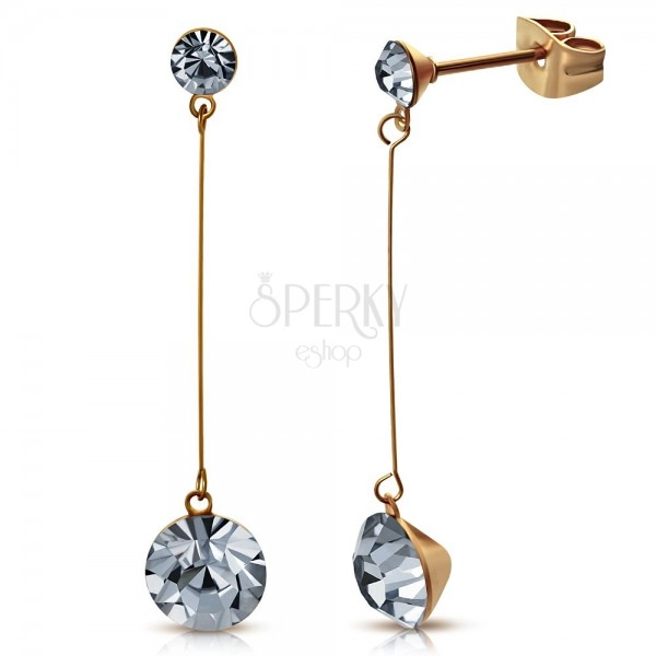 Earrings made of surgical steel in copper colour, two gray zircons, thin post