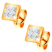 Earrings made of combined 14K gold - small squares decorated with clear zircons
