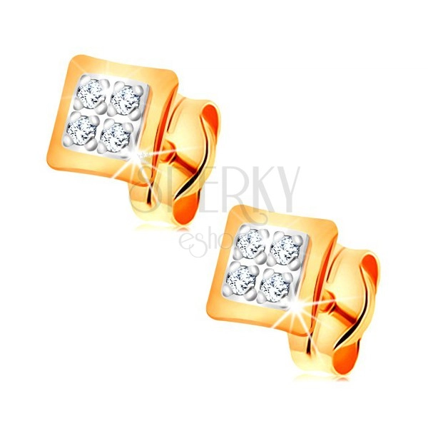 Earrings made of combined 14K gold - small squares decorated with clear zircons