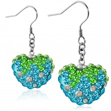 316L steel earrings - sparkly blue-green zircon heart, Afrohooks