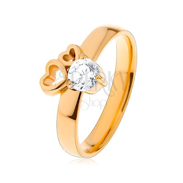 Ring made of surgical steel in gold colour, two heart contours, clear zircon