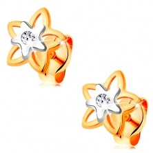 Earrings made of 585 gold - bicoloured flower with embedded clear zircon