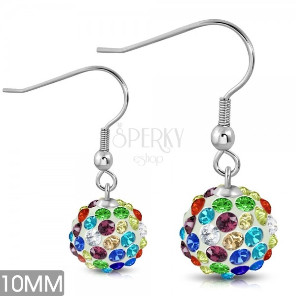 Steel earrings, white balls with glittering coloured zircons, hooks