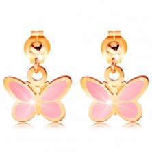 585 gold earrings - shiny ball and dangling pink butterfly, glaze
