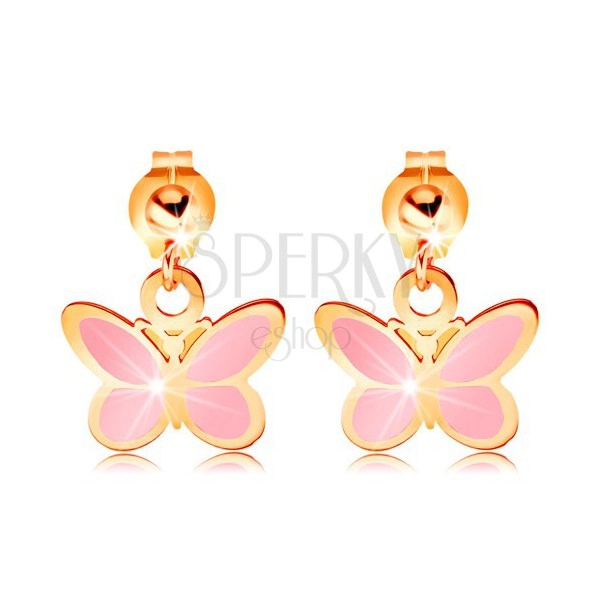 585 gold earrings - shiny ball and dangling pink butterfly, glaze