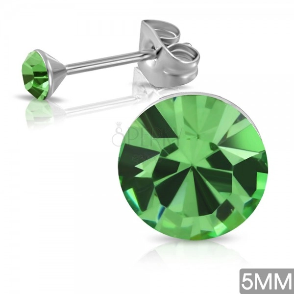 Stud earrings made of surgical steel, round zircon in green hue