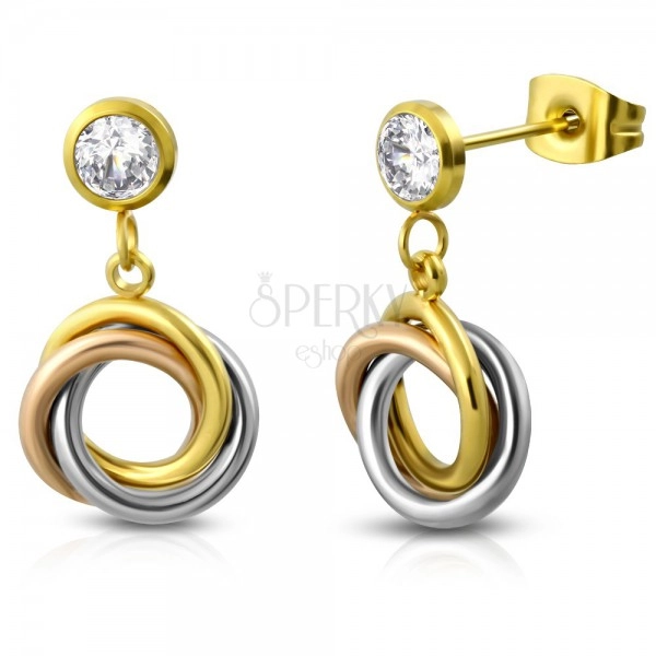 Earrings made of 316L steel, round clear zircon and tricoloured intertwined hoops 