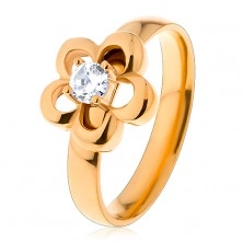 Steel ring in gold hue, flower, raised round zircon in clear colour