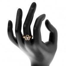 Steel ring in gold hue, flower, raised round zircon in clear colour