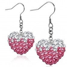 Pink-white steel earrings, glistening heart with clear and pink zircons, hooks