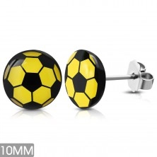 Round earrings made of surgical steel, yellow-black football, studs 