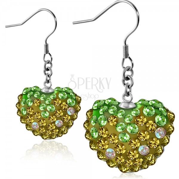 Earrings made of 316L steel - sparkly zircon heart of green-gold colour, Afrohooks