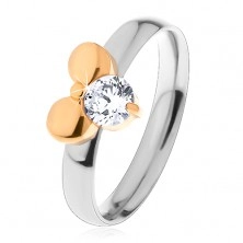 Ring made of surgical steel, bicoloured, bow and clear round zircon